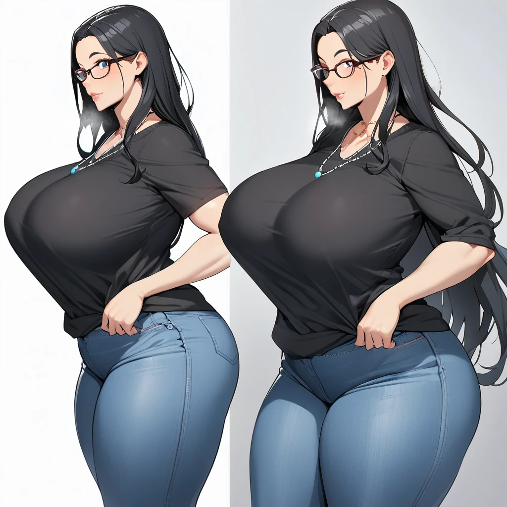 1girl,solo,Mature Woman,Black Hair,long hair,blue eyes color,Glasses,mother,gentle,kind face,Super huge breasts,Flabby thighs,wipWhipped thighs,knit with vertical lines accentuating the lines of the body,jeans that accentuate the body's curves,necklace,standing up,Looking at this,Inclusive,White background,