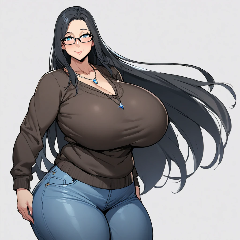 1girl,solo,Mature Woman,Black Hair,long hair,blue eyes color,Glasses,mother,gentle,kind face,Super huge breasts,Flabby thighs,wipWhipped thighs,knit with vertical lines accentuating the lines of the body,jeans that accentuate the body's curves,necklace,standing up,Looking at this,Inclusive,White background,