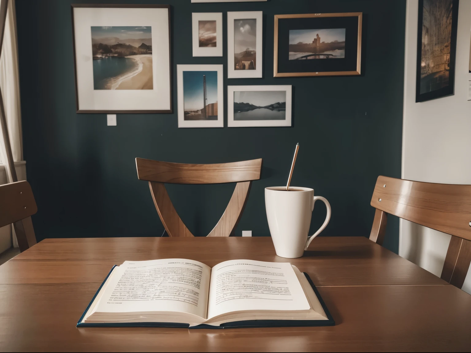 ((best qualityer)), ((work of art)), (detailded), intervention proposal, textbooks, tabletop, Someone studying, someone thinking, someone writing book, Cup of coffee, picture on the wall, livro em cima da tabletop