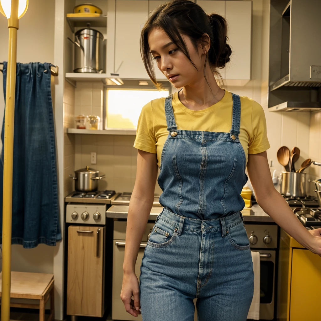 Female supermodel. Yellow T-Shirt. Blue jeans. Dim, soft lighting. Sunset. Sunset. Kappabashi Kitchen Tools Street, Tokyo, Japan.