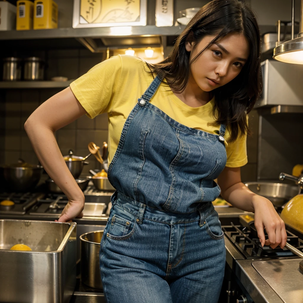 Female supermodel. Yellow T-Shirt. Blue jeans. Dim, soft lighting. Sunset. Sunset. Kappabashi Kitchen Tools Street, Tokyo, Japan.