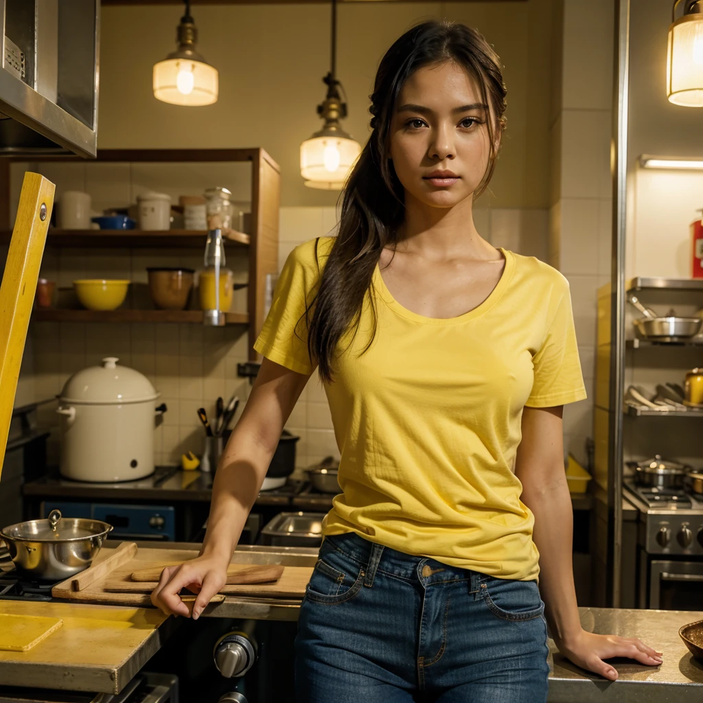 Female supermodel. Yellow T-Shirt. Blue jeans. Dim, soft lighting. Sunset. Sunset. Kappabashi Kitchen Tools Street, Tokyo, Japan.