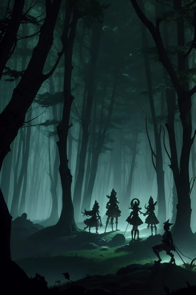 Six elves in a dark forest with fog, surrounded by seven shadows. Mike Mignola style animation