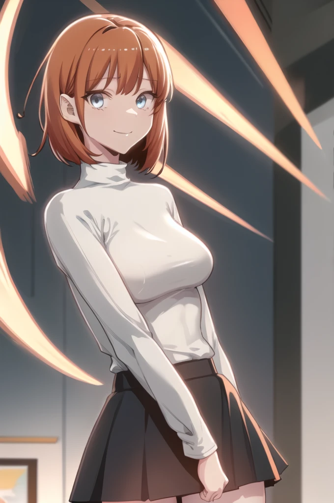 daeundef, orange hair, blue eyes, short hair, looking at viewer,
upper body, standing, arms at sides, turtleneck, long sleeves, black skirt, white shirt, smile, medium breasts, 
masterpiece, best quality,