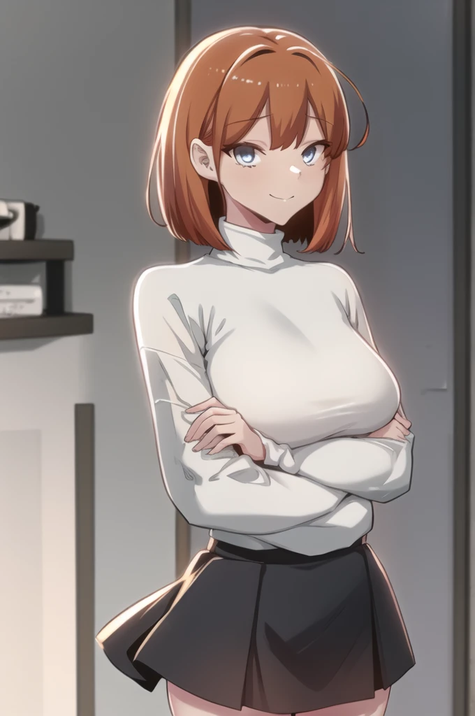 daeundef, orange hair, blue eyes, short hair, looking at viewer,
upper body, standing, arms at sides, turtleneck, long sleeves, black skirt, white shirt, smile, medium breasts, 
masterpiece, best quality,