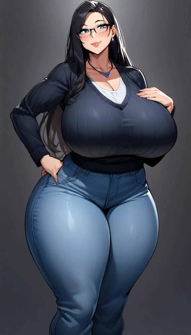 1girl,solo,Mature Woman,Black Hair,long hair,blue eyes color,Glasses,mother,gentle,kind face,Super huge breasts,Flabby thighs,wipWhipped thighs,knit with vertical lines accentuating the lines of the body,jeans that accentuate the body's curves,necklace,standing up,Looking at this,Inclusive,White background,