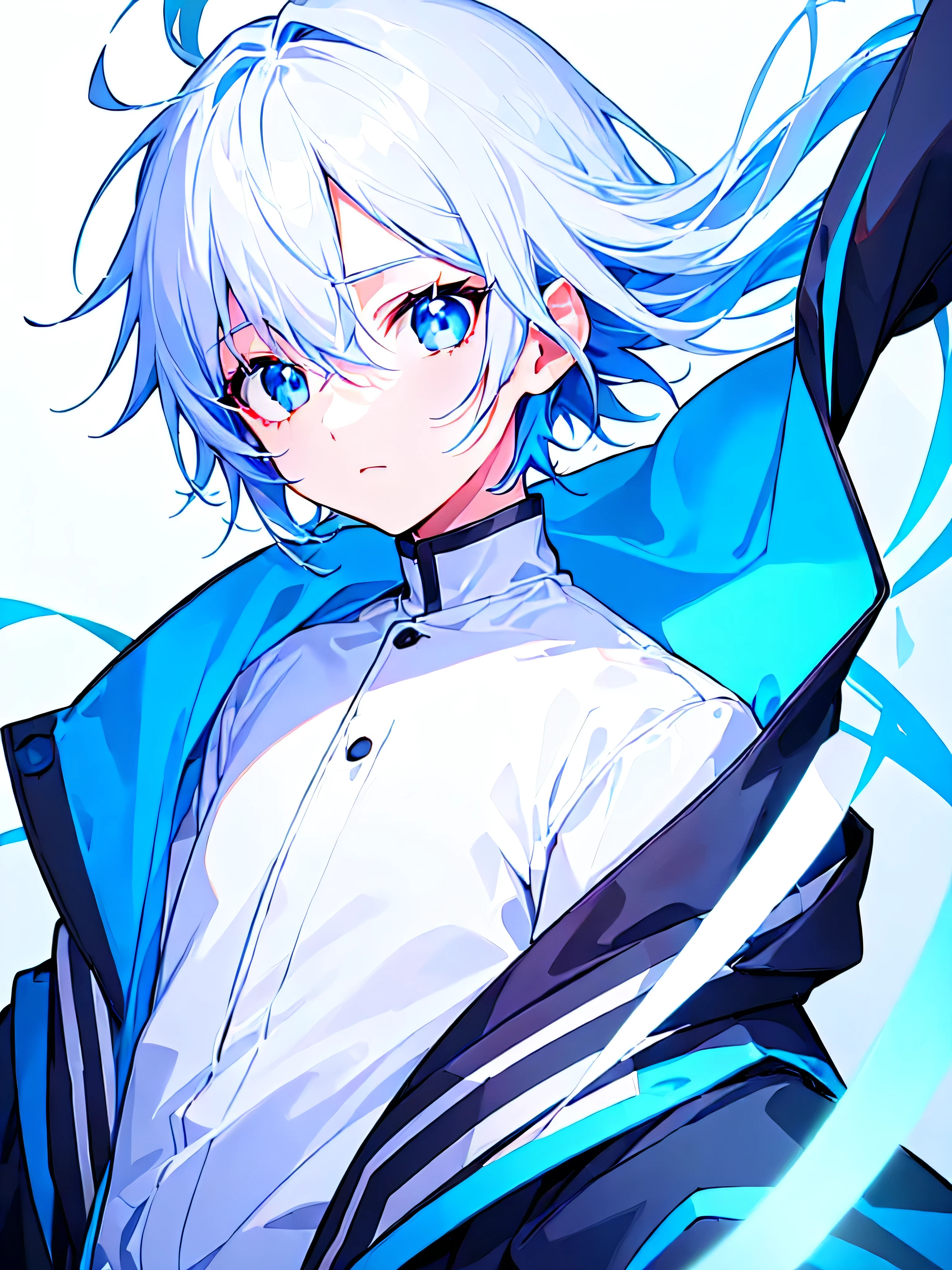 [(WHITE BACKGROUND:1.5),::5], ((((masterpiece)))), high quality, ultra very high resolution, full color, (((solo))), (()), WHITE hair, ((Blue inner hair)), (Blue eyes), anime, ((upper body)), black parka, 
