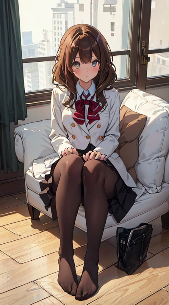 Top quality, masterpiece, High resolution, (Head to toe full body), front, frontやや下からの構図, Symmetric, Tall 18 year old girl, alone, (Head to toe), (Small breasts), Unkempt brown hair, bangs, (black tights), (Black Pantyhose), (Sit with your legs apart), (Crouching pose), (A composition showing white panties), (Her legs were spread、I see your white pants.), (I was made to sit on the floor with my legs spread..), (M-shaped legs), Thin legs, A very beautiful and tall 18 year old girl, (No shoes), blush, Shy big eyes, looking at the camera, Blazer Uniform, Checkered Pleated Skirt