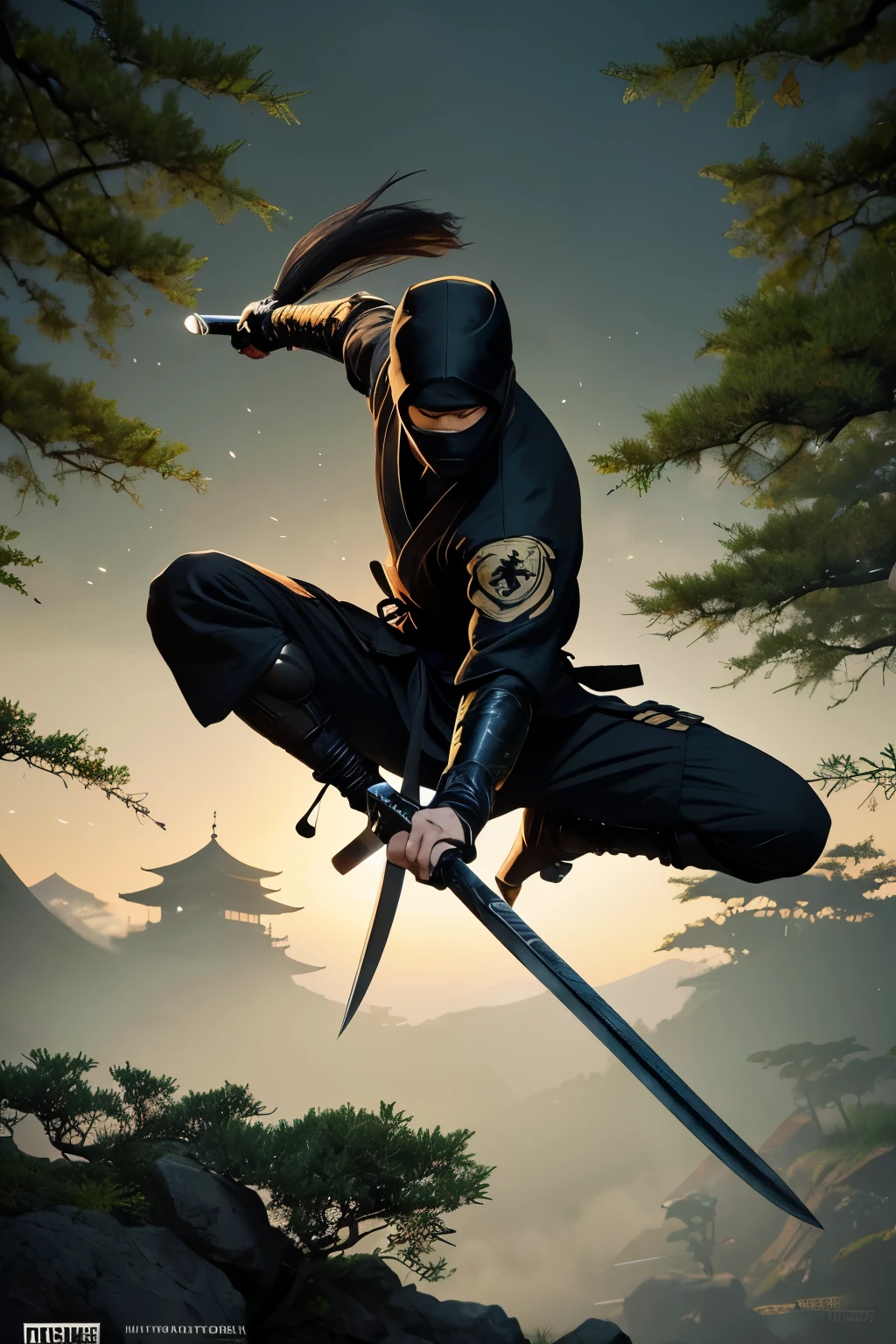 Create a detailed illustration of a Hattori-ryu ninja, focusing on traditional elements and the legacy of Hattori Hanzo, the most famous figure associated with this school. The ninja should be depicted in classic black attire, including a hood and mask, enhancing the stealthy appearance. Equip the ninja with traditional weapons such as shuriken (throwing stars), a kunai (dagger), and a katana (sword) to highlight their martial prowess.
The scene should capture the ninja in a dynamic pose, perhaps mid-jump or hiding in the shadows of a dense forest or ancient Japanese castle, ready to execute a covert mission. Include historical elements such as bamboo groves, ancient trees, or the architecture of the Sengoku period to enhance the authenticity of the setting.
Incorporate details that reflect the unique techniques and skills of Hattori-ryu, such as the use of stealth, agility, and the strategic placement of traps. The background should evoke a sense of mystery and danger, with moonlight filtering through the trees, casting shadows and highlighting the ninja’s form.
To emphasize the connection to Hattori Hanzo, you can include subtle references like a traditional Japanese banner or emblem with his name or symbols associated with his legacy. The overall atmosphere should convey a sense of stealth, precision, and historical depth, capturing the essence of the Hattori-ryu ninja tradition.