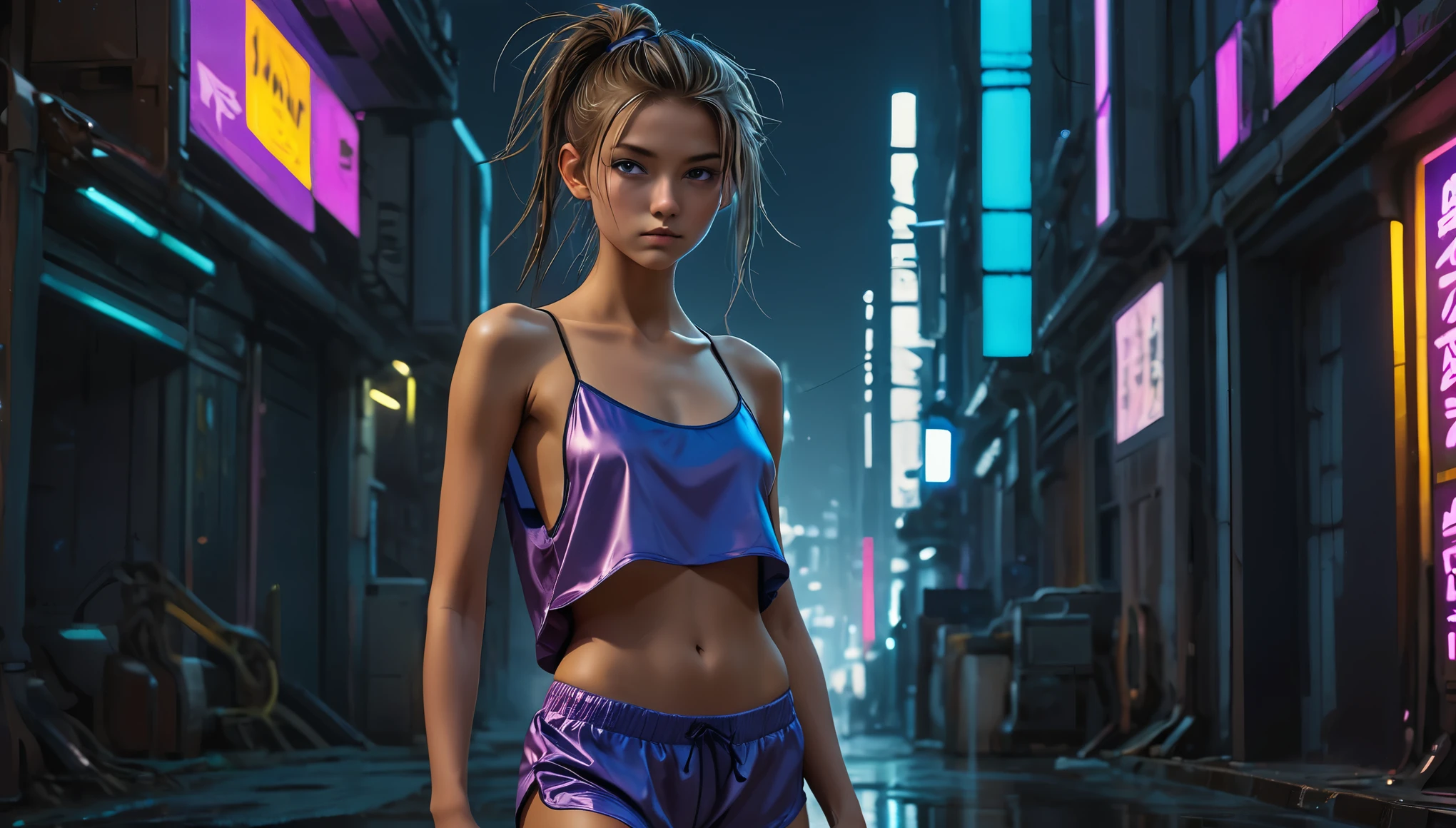 Top Quality, Masterpiece, High Resolution, 8k, (((cute skinny barely legal girl in oversized silky Cami and Pyjama Shorts Set and wetlook leggings, bare belly, wide neckline, deep neckline, small perky breasts, beautiful detailed eyes, beautiful detailed lips, small closed mouth, extremely detailed face, long ponytail hair, small hips))), cyberpunk apartment, moody atmosphere, dramatic and random neon colors, futuristic setting, intricate details, at night, backlit, full body shot, view from distance 