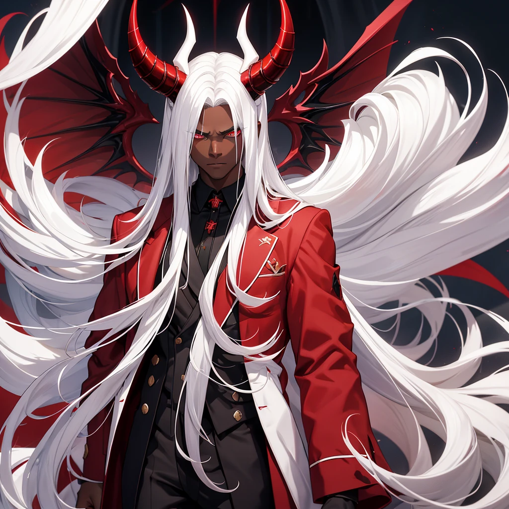 Young man, dark skin, white hair, long hair, strong body, handsome face, demon horns, big black wings, black and red suit, intimidating appearance, Incubus.