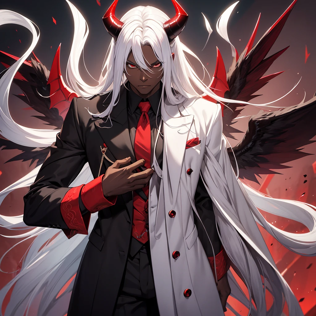 Young man, dark skin, white hair, long hair, strong body, handsome face, demon horns, big black wings, black and red suit, intimidating appearance, Incubus.