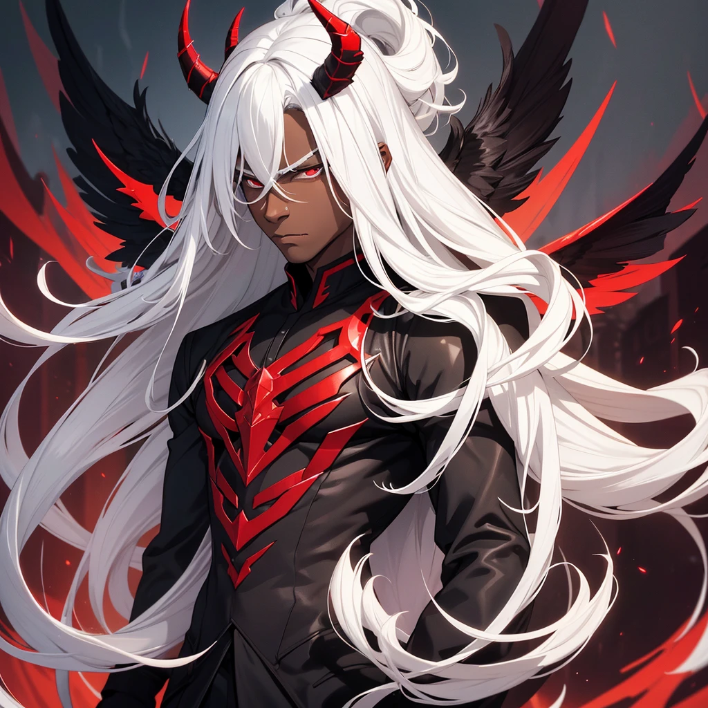 Young man, dark skin, white hair, long hair, strong body, handsome face, demon horns, big black wings, black and red suit, intimidating appearance, Incubus.