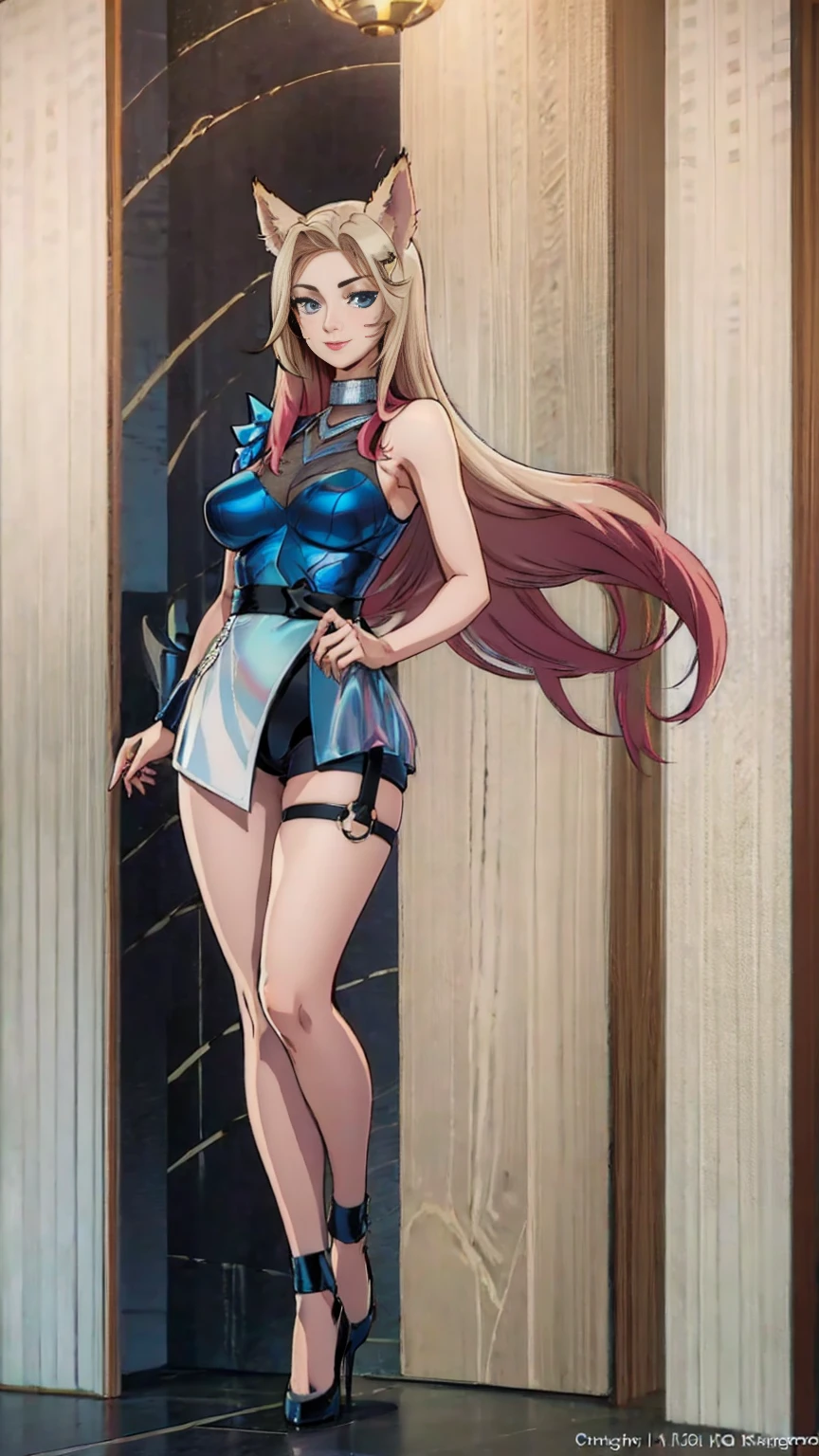 (((full body photo)))  (masterpiece, official art), 1girls, solo, shortstackBT, shortstack, thick, curvy, curvaceous, blue eyes, long hair, ahri, incrsAhri, fox ears, fox tail, multiple tails, (bare legs, high heels), (closeup), portrait, (huge breasts), standing, view from front, simple background, looking at viewer, (upper body), smile, seductive, alluring attire