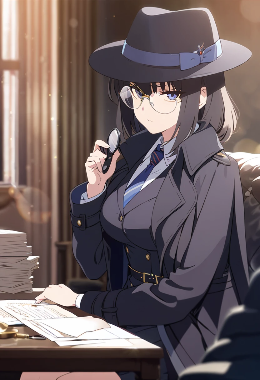 Detective girl, anime, masterpiece, best quality, 1 girl ( black trench coat, suit, skirt, fedora, glasses, cross-legged, sitting on sofa, necktie, right hand hold magnifier:1.2, left hand on sofa), ( table, papers on table ), window, ofice background, bokeh:1.1, serious
