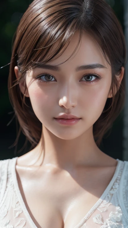 An innocent 20-year-old girl、((White vest, Dramatic Pose)),smile,Shortcuts,nature Park、Original photo, (8K、Highest quality、masterpiece:1.2)、(Intricate details:1.4)、(realism:1.4)、Octane Rendering、Super detailedの複雑な3Dレンダリング, Studio Soft Light, Edge Light, Vivid details, Super detailed, Realistic skin texture, Detailed face, Beautiful details in the eyes, Highly detailed CG Unity 16k wallpaper, cosmetics, (Detailed Background:1.2), Shiny skin, whole body、Cleavage,((Stand with hands clasped behind one&#39;s back、Leaning forward、Top view))