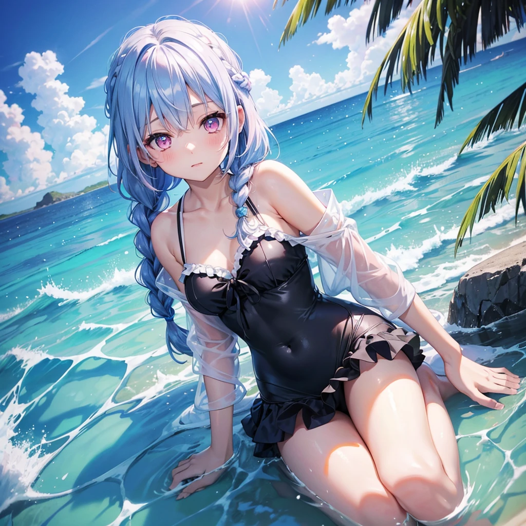 (Sky blue medium hair),(Braided hair tied together)、Pink eyes、Fair skin、(whole body)、(One Girl)、Black frilly swimsuit、Shining white sand beach in midsummer、Okinawa's ocean、A big smile、、(masterpiece、Highest quality、Very detailed、Best Shadow)、(Detailed Background)、(Beautifully detailed face)、High contrast、(Best lighting、Very delicate and beautiful)、((Cinematic Light))、colorful、Hyper Detail、Dramatic Light、Exquisite detail、Girl sitting