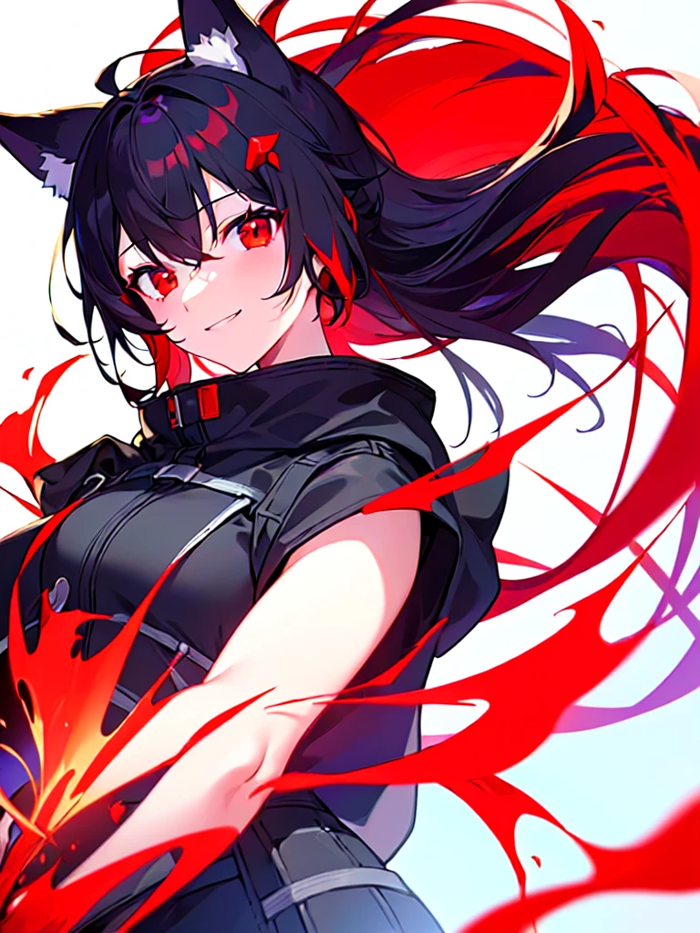 [(WHITE BACKGROUND:1.5),::5], ((((masterpiece)))), high quality, ultra very high resolution, full color, (((solo))), ((girl)), Black hair, (red inner hair), (red eyes), anime, ((upper body)), black parka, Fox ears, Fox red tails, light smile
