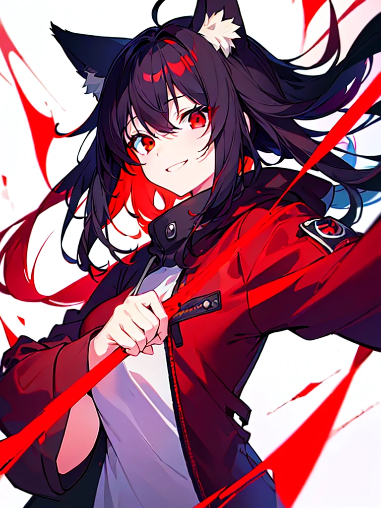 [(WHITE BACKGROUND:1.5),::5], ((((masterpiece)))), high quality, ultra very high resolution, full color, (((solo))), ((girl)), Black hair, (red inner hair), (red eyes), anime, ((upper body)), black parka, Fox ears, Fox red tails, light smile