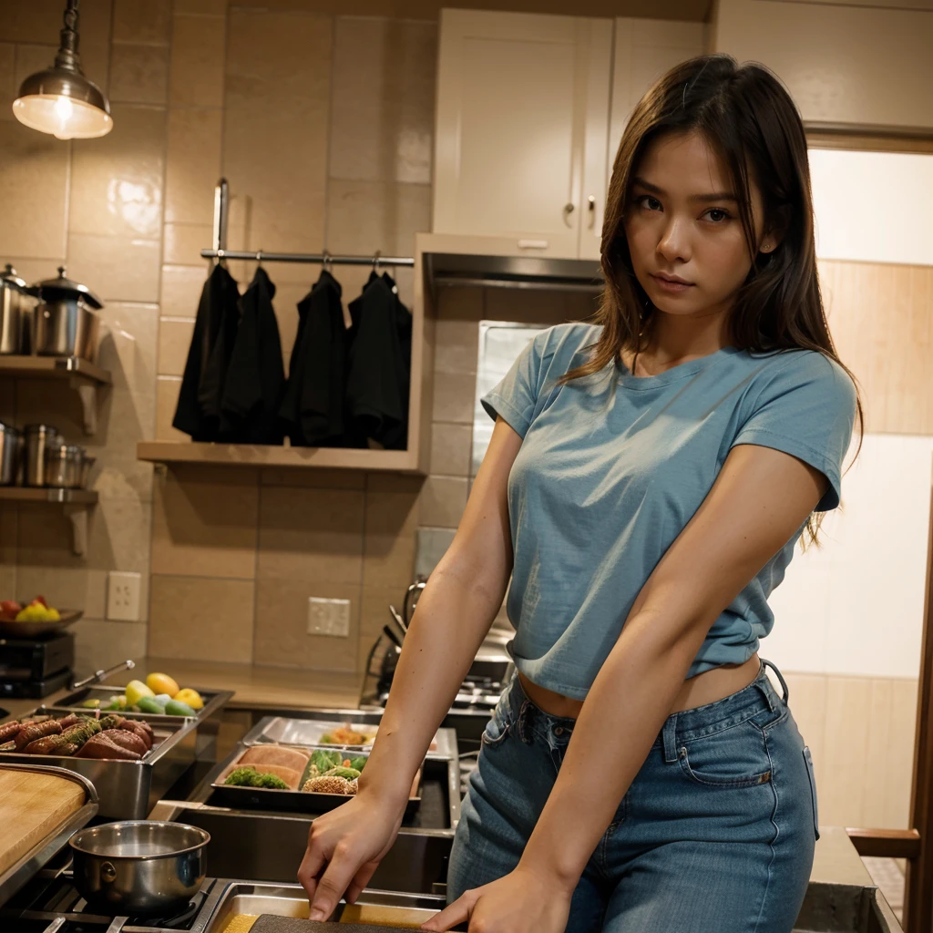 Female supermodel. Pastel brown T-Shirt. Blue jeans. Dim, soft lighting. Sunset. Sunset. Kappabashi Kitchen Tools Street, Tokyo, Japan.