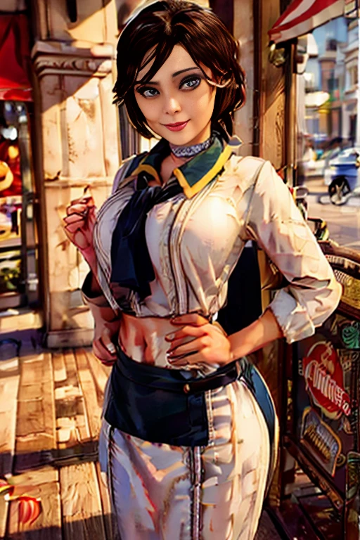 Elizabeth as a fast food worker, fast food restaurant, fast food counter, sexy fast food apron, sexy fast food uniform, midriff, cleavage, french fries, hamburger, cheeseburger, soda, milkshake, cashier, order taking, cooking, serving, smiling, friendly expression, dynamic pose, bright lighting, warm colors, photorealistic, (best quality,4k,8k,highres,masterpiece:1.2),ultra-detailed,(realistic,photorealistic,photo-realistic:1.37)