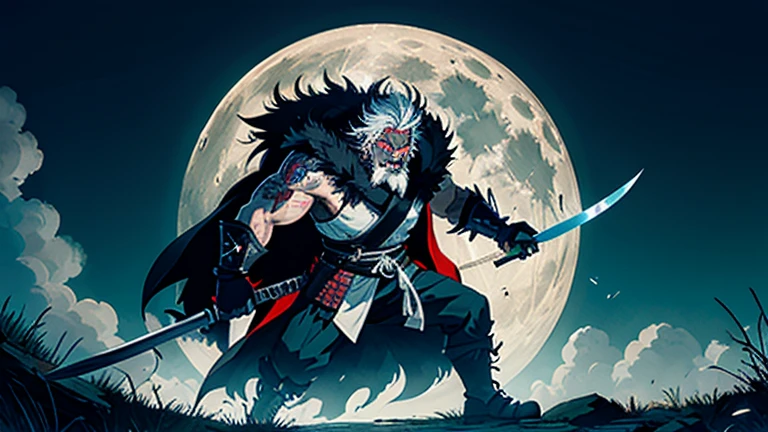 RageALot, the Fallen Beast is a legendary werewolf warrior and the founder of the Wolf Clan. He is an old man with white hair and beard, big white sharp fangs and his left eye scared from battles, wearing a white torn leather fur with blood spots and a dark cloak. He carries a katana and a spear. He has a big madman smile. He has a neck Tattoo.

The field is covered with blood and corpses of soldiers who died in the battle. The sky is dark with full moon, and lightning flashes occasionally. Isshin emerges from Genichiro’s body after he sacrifices himself to revive him using the Black Mortal Blade. He respects Sekiro as a worthy opponent and challenges him to a final duel for the fate of Ashina.
moon, dark theme, light, fantasy,