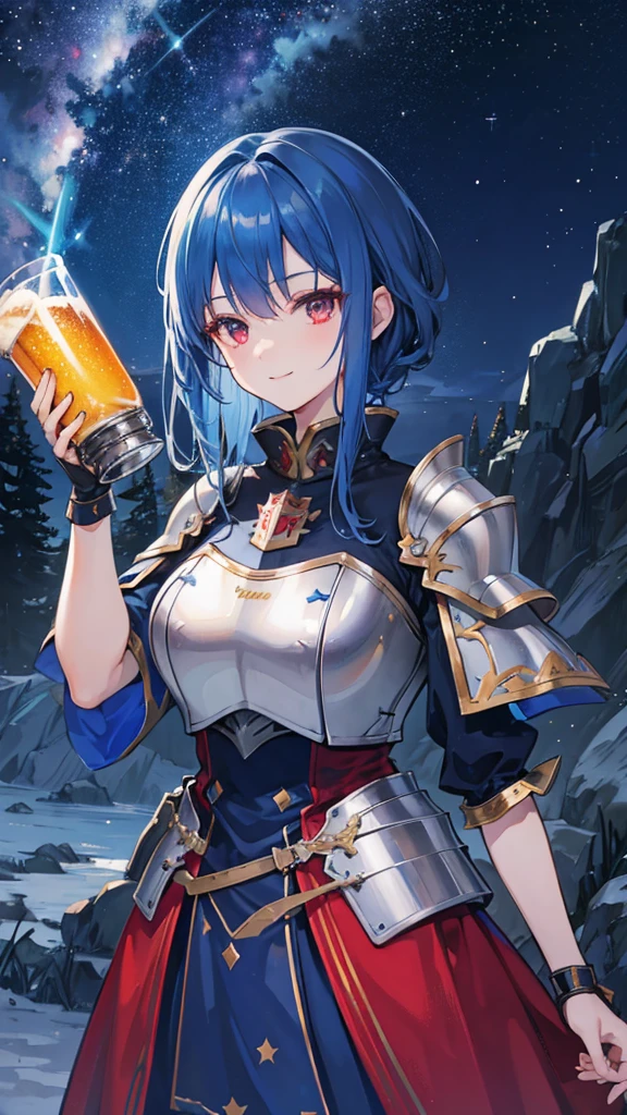 a female knight, deep blue hair, red eyes, armor, holding a beer stein, toasting, smiling, fantasy world, night sky, seven-colored comet, starry night sky, outdoors, fantastical atmosphere, with a shallow depth of field, large tree in distant background, best quality, 8k, ultra-detailed, masterpiece