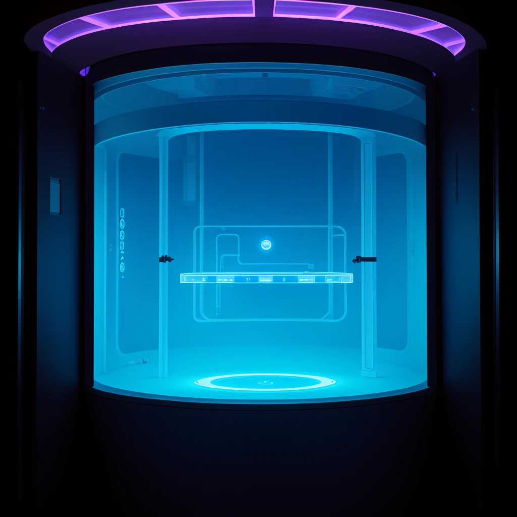 "Generate an image of a high-tech Quantum Resonance Chamber (QRC) located in a futuristic laboratory. The chamber should be cylindrical, made of transparent yet reinforced material, and filled with a dynamic energy field of swirling blue, purple, and white light. Graphene superconductors, represented by intricate, glowing circuits, should be visible around the exterior, emanating a soft blue light. Inside and outside the chamber, advanced multi-faceted quantum stabilizers with glowing cores should maintain stability. Cryogenic coolers integrated into the structure should emit a frosty mist with a blue tint. Adjacent to the chamber, display a holographic control panel showing real-time data. The surrounding lab should be filled with advanced equipment and scientists in futuristic attire, working on or monitoring the chamber.