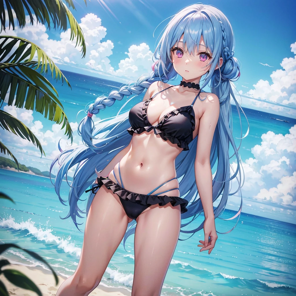 (Sky blue medium hair),(Braided hair tied together)、Pink eyes、Fair skin、(whole body)、(One Girl)、Black frilly swimsuit、Shining white sand beach in midsummer、Okinawa&#39;s ocean、A big smile、、(masterpiece、Highest quality、Very detailed、Best Shadow)、(Detailed Background)、(Beautifully detailed face)、High contrast、(Best lighting、Very delicate and beautiful)、((Cinematic Light))、colorful、Hyper Detail、Dramatic Light、Exquisite detail、Girl sitting