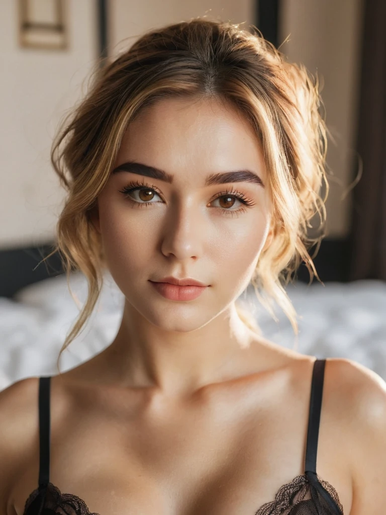 Best quality,high resolution,8k masterpiece, atmosphere, golden hour light:1.3, bright light hard light:1.2, fuji color:1.5, film grain,
Atractive woman, 21 years old, delicate occidental features, aureal proportion:1.5, slight wavy brown hair with little few blonde lights:1.4, thick sexy eyebrows:1.4, long eyelashes:1.3,deep eye look:1.3, (real skin texture:1.3), medium thick lips :1.3, golden brown eyes :1.5, photo studio:1.5, indoor, black lingerie:1.4, high contrast , posing:1.5