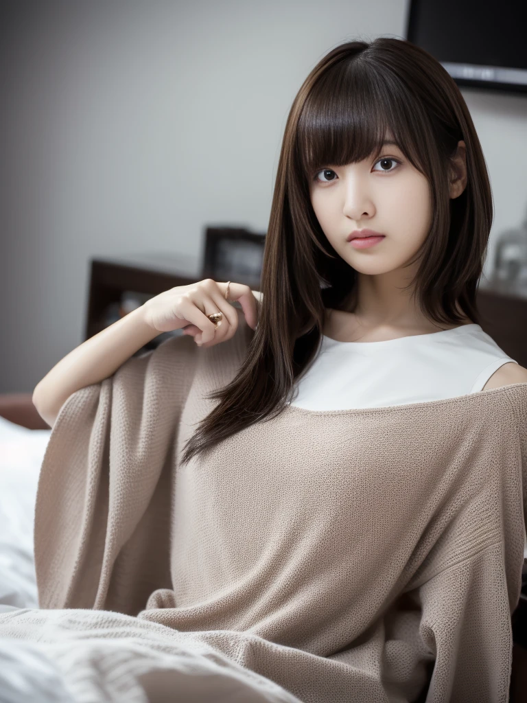 Ultra-high resolution, Superior Quality, Highest quality, Super detailed, Realistic, 8K, RAW Photos, Highest quality, masterpiece, Attractive girl, A wonderful girl, Brown Hair, Shoulder-length layered, Asymmetrical bangs, K-Pop Idols, Sophisticated, stylish, White knit, (Underexposed lighting, Moody lighting), Bedroom,