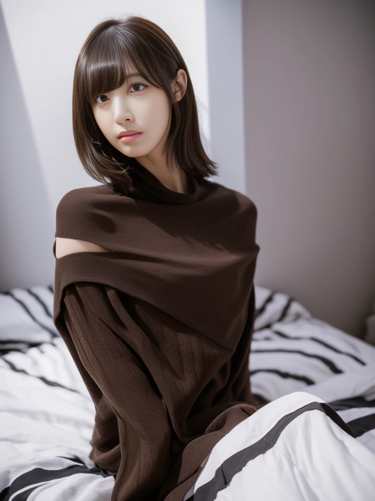 Ultra-high resolution, Superior Quality, Highest quality, Super detailed, Realistic, 8K, RAW Photos, Highest quality, masterpiece, Attractive girl, A wonderful girl, Brown Hair, Shoulder-length layered, Asymmetrical bangs, K-Pop Idols, Sophisticated, stylish, White knit, (Underexposed lighting, Moody lighting), Bedroom,