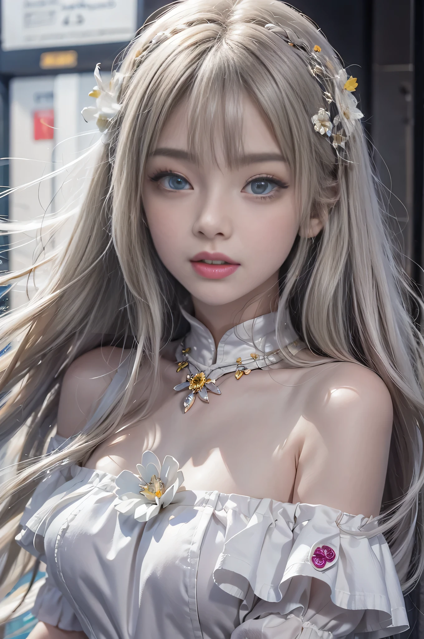 1girl in,  Long hair, Straight hair, Sparkling eyes, PUPILS SPARKLING, longeyelashes, makeup, Smile, Modern, depth of fields, One-person viewpoint, POV, close-up, Wide Shot, ((From below)), ((wide angles)), F/1.8, 135 mm, canon, nffsw, retinas, ((A girl standing in front of the theater stairs)）、 （Golden white hair）((A girl standing in front of the theater stairs)）、((posterior view))、((Looks Back)),(portlate、bright expression、Young shiny shiny white shiny skin、Best Looks、ultimate beauty girl、The most beautiful platinum blonde hair in the world、shiny light hair,、Super long silky straight hair、Beautiful bangs that shine、Glowing crystal clear attractive blue eyes、Very beautiful nice cute 16 year old girl、Lush bust、、 Silver hair, Bangs, Blunt bangs, Long straight hair, aqua eyes, longeyelashes, Solid Circle Eyes, makeup, Open mouth, blush, Parted lips, Bright pupils, smiley, Seductive smile, glint, surrealism, Modern、Black pantyhose、high-heelix４、（(Pure white dress、Floral dress、、off shoulders、up skirt: 1.6)）、Skyscrapers are hazy in the windows、((Skirt soars in the wind)),((Showing white lace panties)),((Raise the hem of the skirt with your hands))