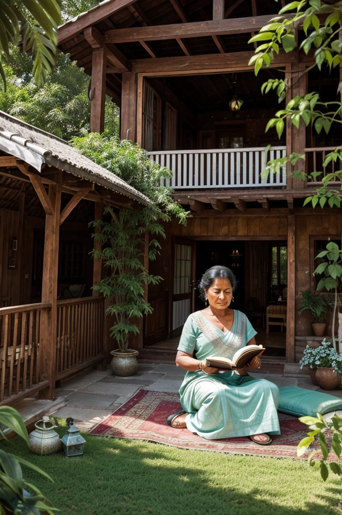 Generate an ai image of A indian 55 year old woman sits inside a cozy balcony of a small farmhouse, engrossed in a book. The farmhouse is nestled within a spacious compound adorned with a variety of plants and trees. A cow peacefully grazes nearby, adding to the serene atmosphere. Adjacent to the house, there is a tranquil meditation center, enhancing the peaceful ambiance of the surroundings.