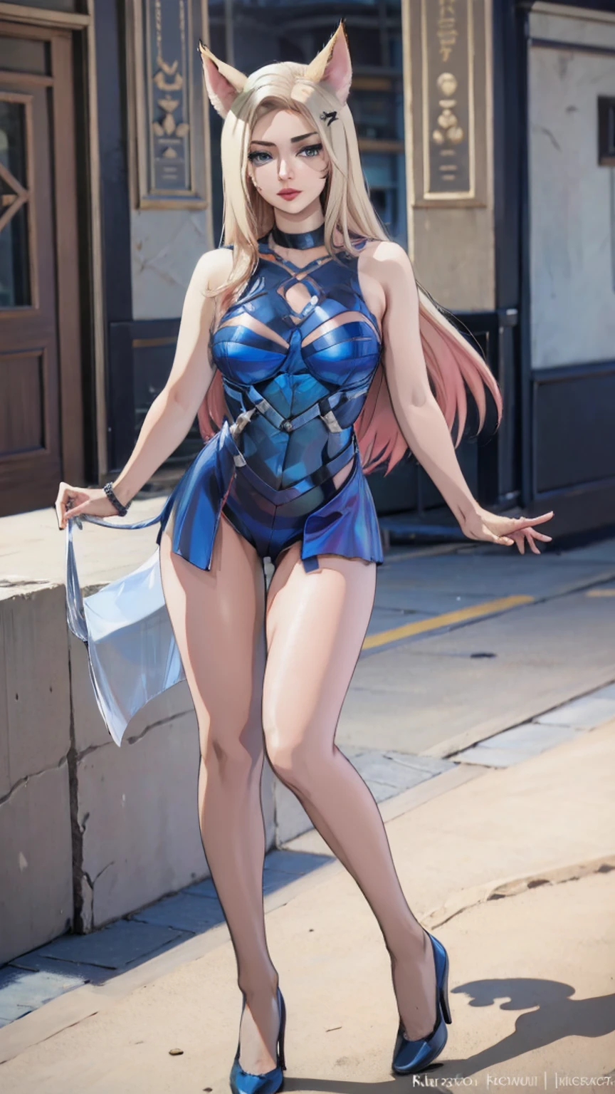 (((full body photo))) (masterpiece, official art), 1girls, solo, shortstackBT, shortstack, thick, curvy, curvaceous, blue eyes, long hair, ahri, incrsAhri, fox ears, fox tail, multiple tails, (bare legs, high heels), (closeup), portrait, (huge breasts), standing, view from front, simple background, looking at viewer, (upper body), smile, seductive, alluring attire