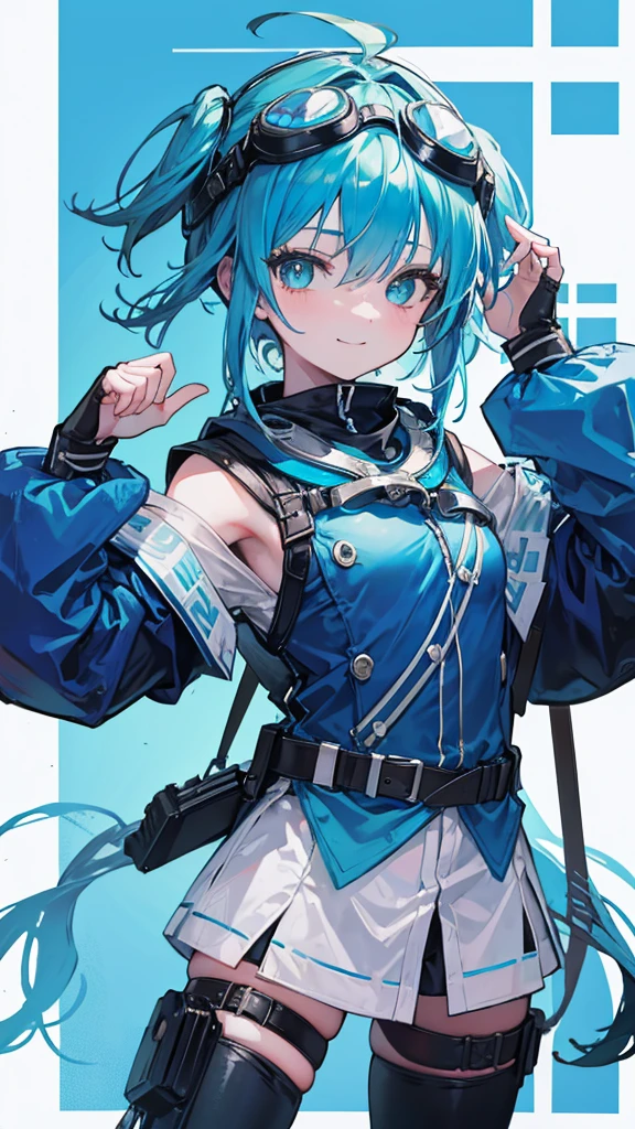 Cowboy Shot, Twin tails, Revealing clothing, (Put goggles on your head:1.3), Blue Theme, otoko no ko,, ultra detailed, masterpiece, Highest quality, beautiful, detailed,, ultra detailed, masterpiece, Highest quality, alone, smile, One girl, Green Eyes, short hair, Blue Hair, bangs, Hair between the eyes, Messy Hair, (Put goggles on your head:1.2),
information