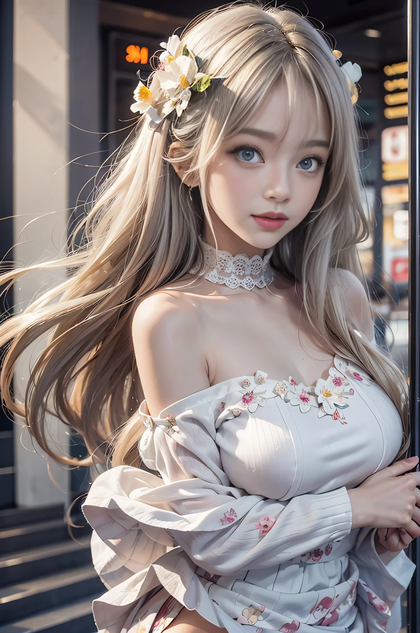 1girl in, Long hair, Straight hair, Sparkling eyes, PUPILS SPARKLING, longeyelashes, makeup, Smile, Modern, depth of fields, One-person viewpoint, POV, close-up, Wide Shot, ((From below)), ((wide angles)), F/1.8, 135 mm, canon, nffsw, retinas, ((A girl standing in front of the theater stairs))、 (Golden white hair)((A girl standing in front of the theater stairs))、((posterior view))、((Looks Back)),(portlate、bright expression、Young shiny shiny white shiny skin、Best Looks、ultimate beauty girl、The most beautiful platinum blonde hair in the world、shiny light hair,、Super long silky straight hair、Beautiful bangs that shine、Glowing crystal clear attractive blue eyes、Very beautiful nice cute 16 year old girl、Lush bust、、 Silver hair, Bangs, Blunt bangs, Long straight hair, aqua eyes, longeyelashes, Solid Circle Eyes, makeup, Open mouth, blush, Parted lips, Bright pupils, smiley, Seductive smile, glint, surrealism, Modern、Black pantyhose、high-heelix4、((Pure white dress、Floral dress、、off shoulders、up skirt: 1.6))、Skyscrapers are hazy in the windows、((Skirt soars in the wind)),((Showing white lace panties)),((Raise the hem of the skirt with your hands))