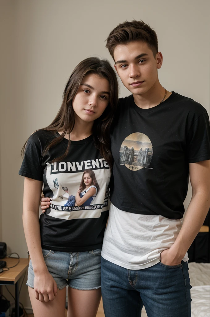 A 19 year old man wearing a t-shirt, an 18 year old woman wearing a t-shirt,standing pose,embrace each other, studio room background, Realistic, original photo