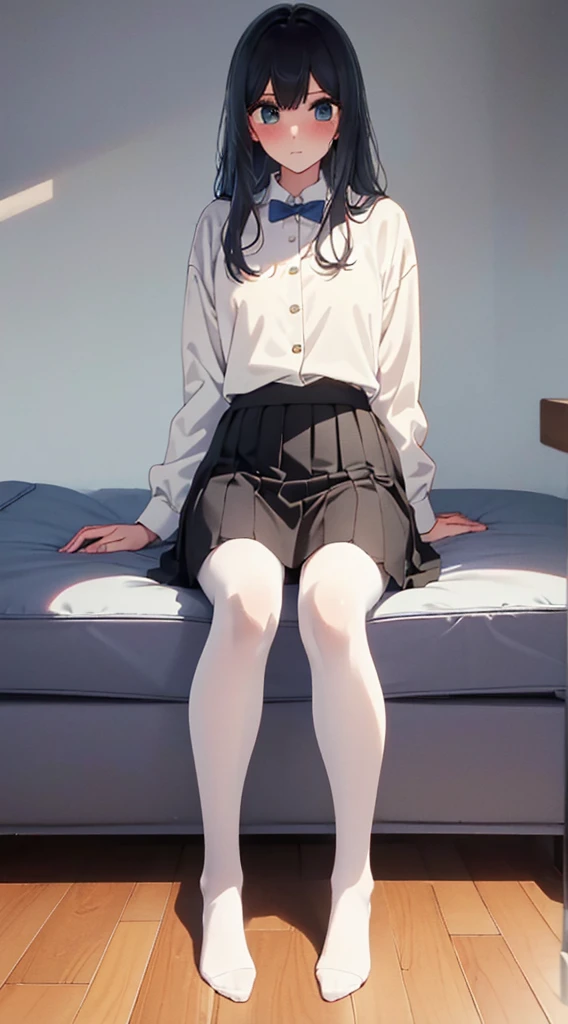 Top quality, masterpiece, High resolution, (Head to toe full body), front, frontやや下からの構図, Symmetric, Tall 18 year old girl, alone, (Head to toe), (Small breasts), bangs, (black tights), (Black Pantyhose), (Sit with your legs apart), (Crouching pose), (A composition showing white panties), (Her legs were spread、I see your white pants.), (I was made to sit on the floor with my legs spread..), (M-shaped legs), Thin legs, A very beautiful and tall 18 year old girl, (No shoes), blush, Shy big eyes, looking at the camera, Blazer Uniform, Checkered Pleated Skirt