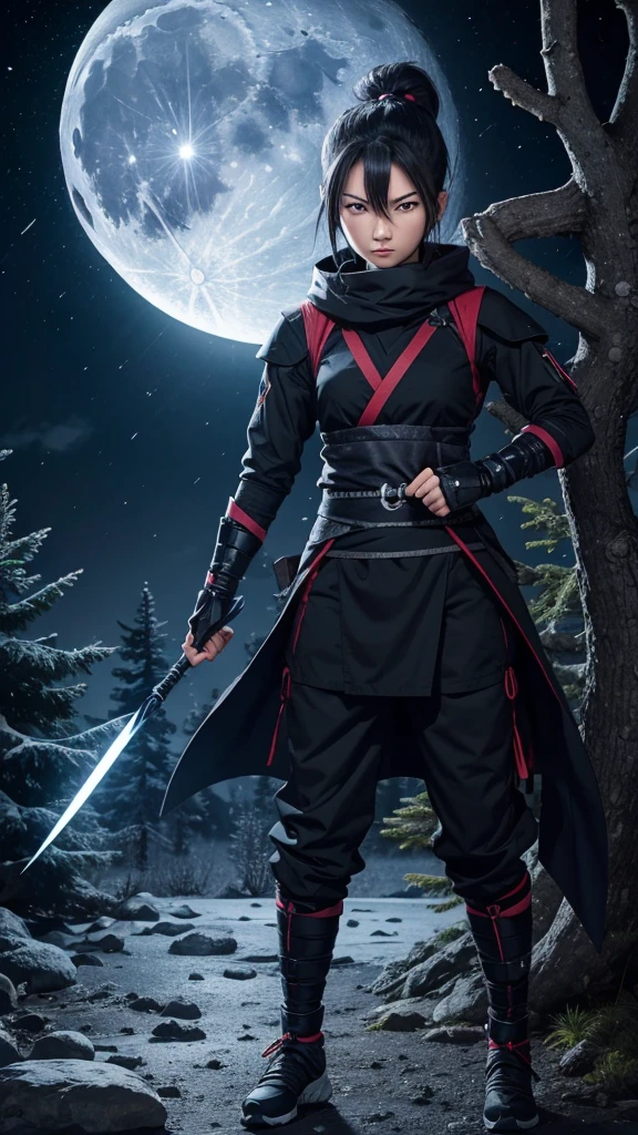 8K resolution, high image quality, high quality, real, female, ninja, kuichi, ice-cold eyes, ninja clothes, or have a shuriken in your hand, moonlit night, full moon, lurking in a pine tree branch, image from head to foot,