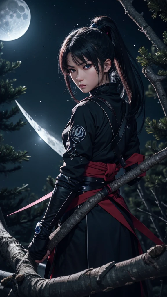 8K resolution, high image quality, high quality, real, female, ninja, kuichi, ice-cold eyes, ninja clothes, or have a shuriken in your hand, moonlit night, full moon, lurking in a pine tree branch, image from head to foot,