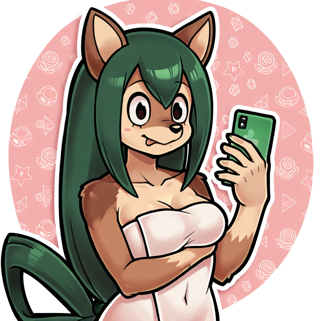 source_furry, anthro, score_9, score_8_up, furry, fur,Tsuyu Asui, Werewolf, wolf ears, brown fur, wrapped in towel, medium breasts, holding phone, smile, tongue out, female, cute, green hair