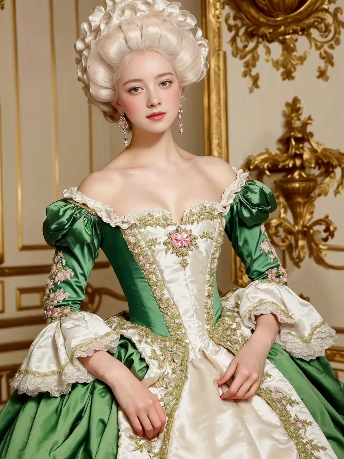 Close up of woman wearing pink and white dress, dress in the style of Rococo, Rococo queen, Rococo fashion, 1 8th century style, Rococo dress, Rococo style portrait, Rococo portrait, historical baroque dresses, Rococo, Marie Antoinette, # Rococo, noble clothing, Rococo style, exquisite nobility