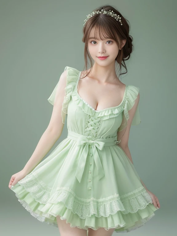 Photo-realistic quality、A woman wearing a dress with ribbons is standing, light Green Dress, Rococo frill dress, Pastel Green, Translucent dress, Grape dress, Elegant Dresses, Fantasy Dress, glamorous ruffled dresses, Green Dress, Stylish dresses, Lace dress, romantic dress,  Lace dress、Detailed and beautiful eyes、Cute smile、Relaxed, soft and gentle expression、looking at the camera、Emphasize cleavage、Full body photo、Beautiful legs extending from the skirt