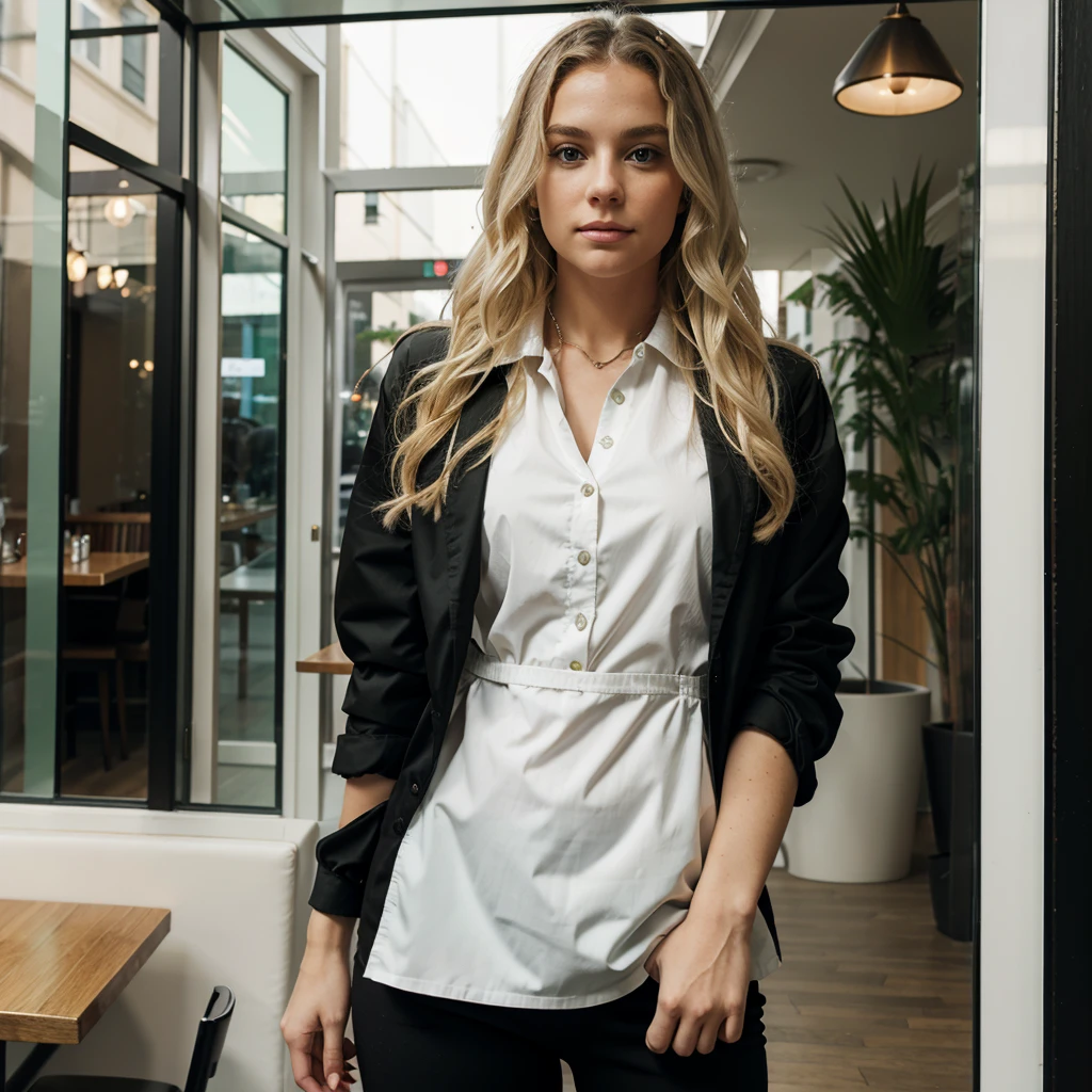 A white woman with wavy blonde hair and green eyes, wearing black pants, a white blouse and a black jacket, stands in front of a restaurant decorated with glass.