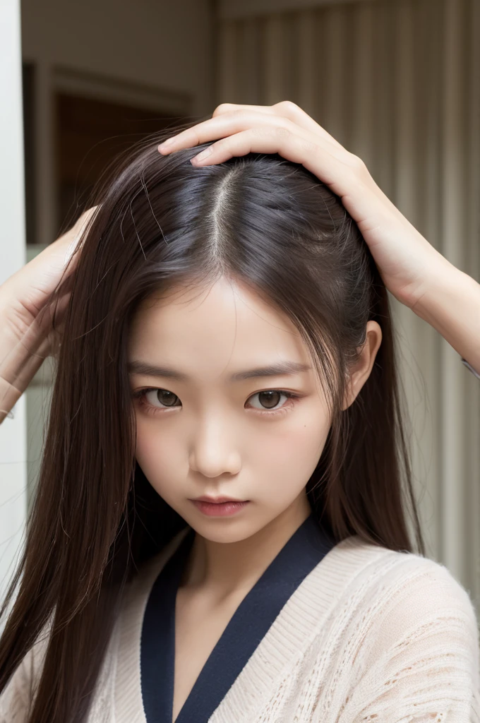 Forehead Baring、Tie your straight long hair with a rubber band、A girl making a 'akanbe' gesture、