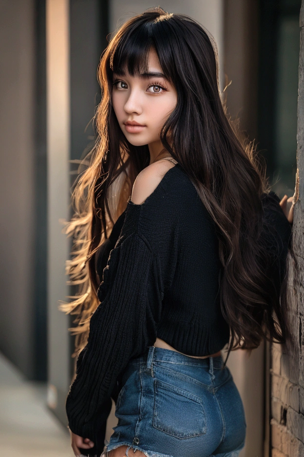 Make Sakura, garota japonesa, 19 anos, in the same position wearing the same clothes, in an identical scenario, cabelo preto
