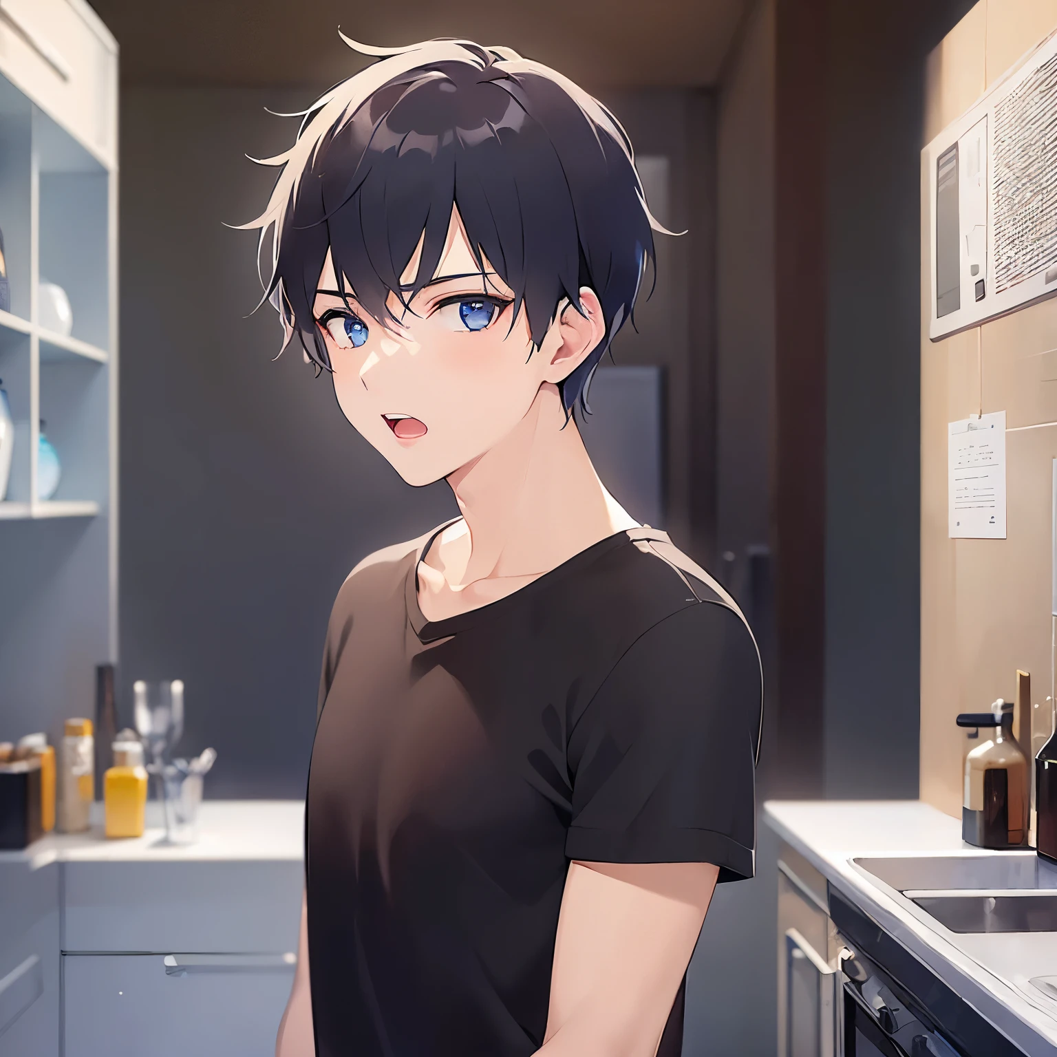 (25-year-old male:1.5) and (Black short hair) and (blue eyes)
(black) and (T-Shirts)、looking back,upper body,
shiny skin, masterpiece、Highest quality、
The background is the kitchen at night、surprised,open mouth、(alone:1.5)