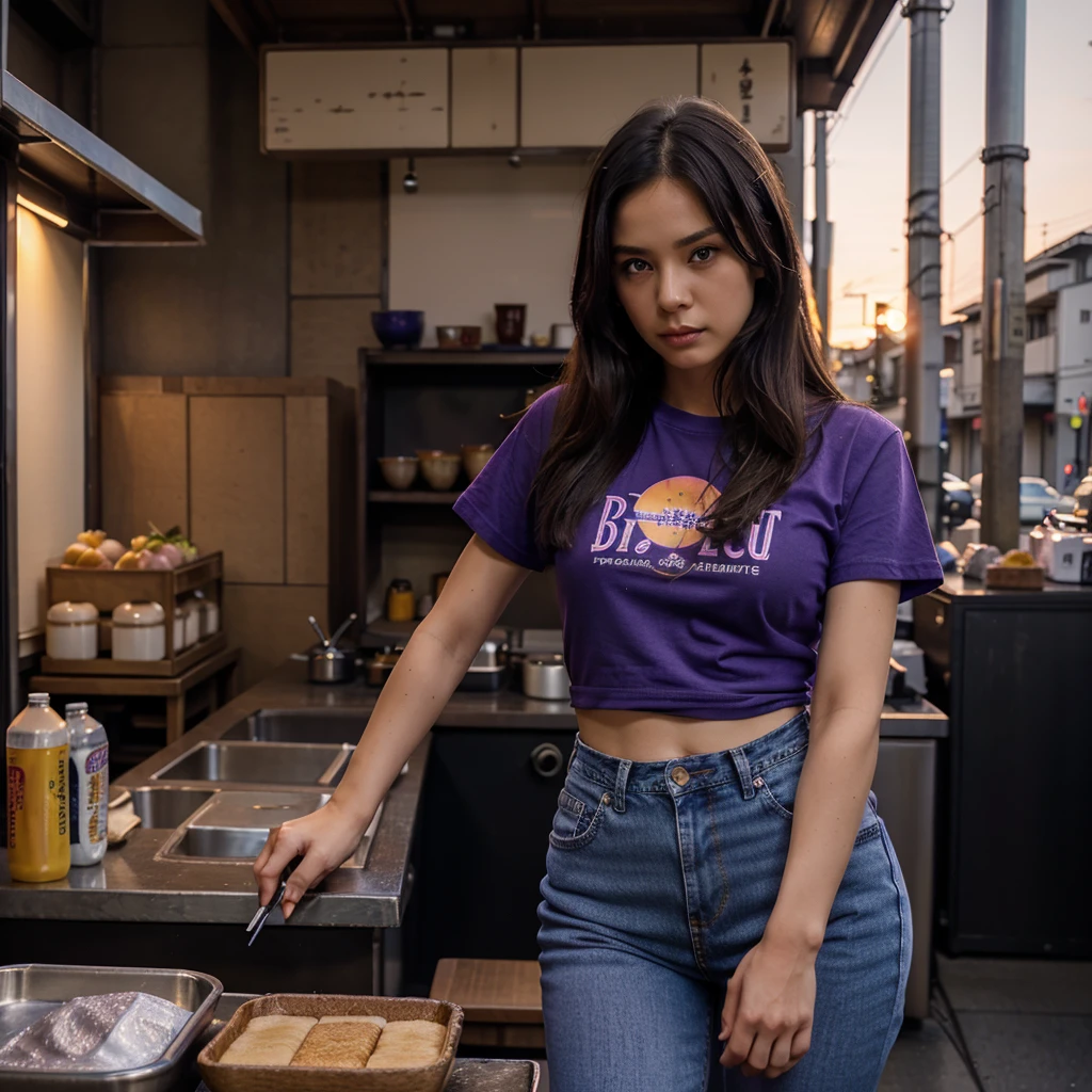 Female supermodel. Purple T-Shirt. Blue jeans. Dim, soft lighting. Sunset. Sunset. Kappabashi Kitchen Tools Street, Tokyo, Japan.