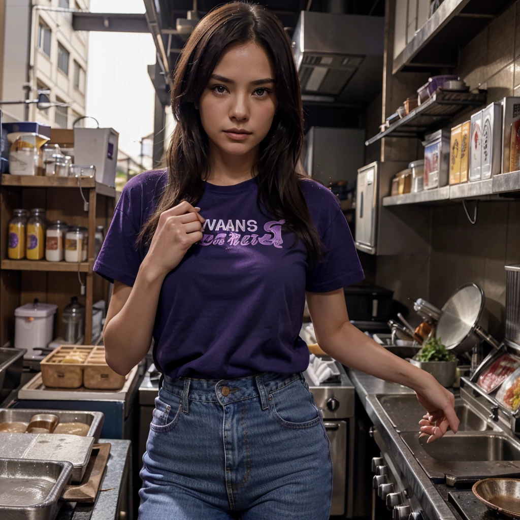 Female supermodel. Purple T-Shirt. Blue jeans. Dim, soft lighting. Sunset. Sunset. Kappabashi Kitchen Tools Street, Tokyo, Japan.